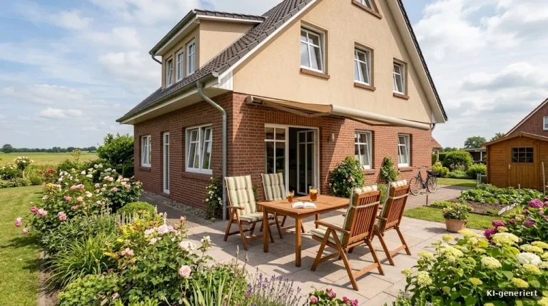 Abbezahltes Einfamilienhaus im Sommer, Gartenstühle auf der Terrasse