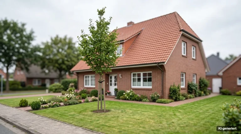 Einfamilienhaus mit rotem Ziegeldach von der Straße aus gesehen