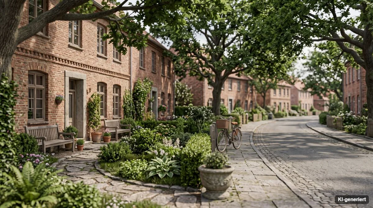 Ruhige Wohnstraße mit Vorgärten und alten Bäumen