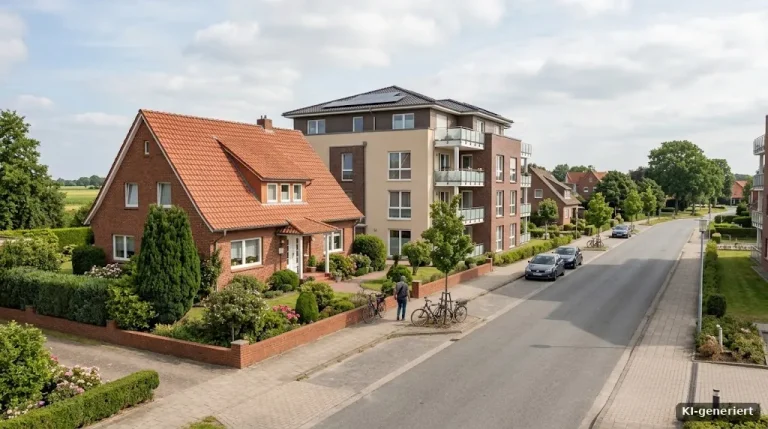 Straßenzug mit unterschiedlichen Häusern, Altbau und Neubau nebeneinander