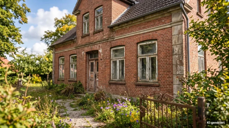 Älteres Backsteinhaus mit verwitterten Fenstern und verwildertem Vorgarten