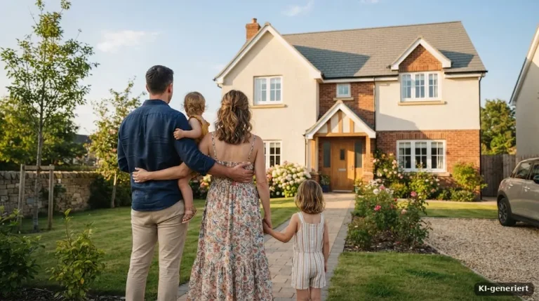 Junge Familie von hinten vor ihrem neuen Einfamilienhaus