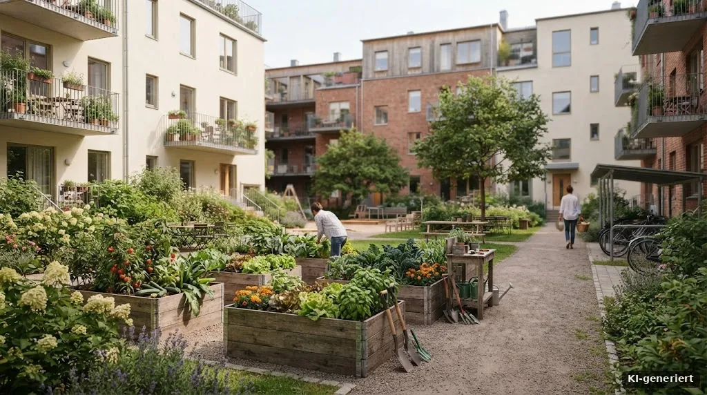 Gemeinschaftsgarten mit Hochbeeten in einer Wohnanlage