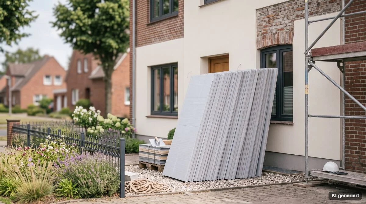 Stapel Dämmplatten lehnt an einer Hauswand auf der Baustelle