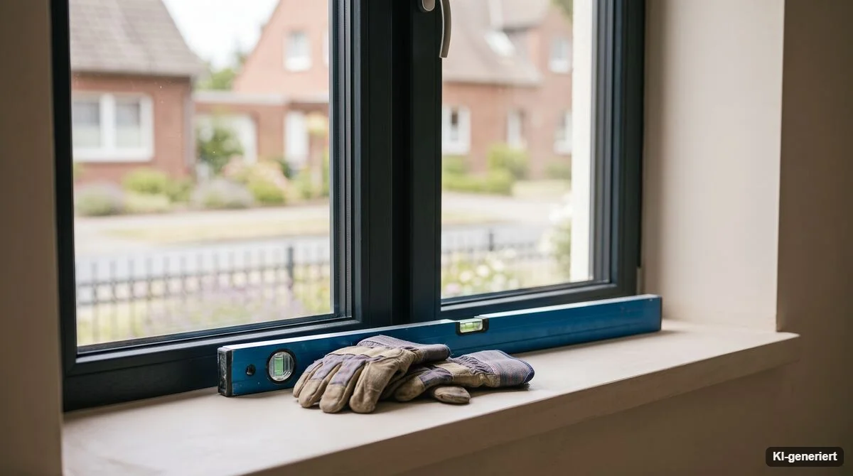 Wasserwaage und Arbeitshandschuhe auf einer frisch verputzten Fensterbank
