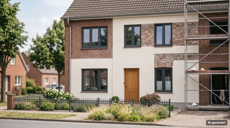 Frisch saniertes Reihenhaus mit neuem Putz und neuen Fenstern, Gerüst teilweise abgebaut