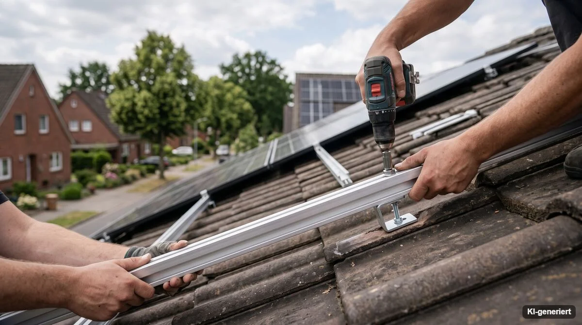 Montage einer Halteschiene für Solarmodule auf dem Dach