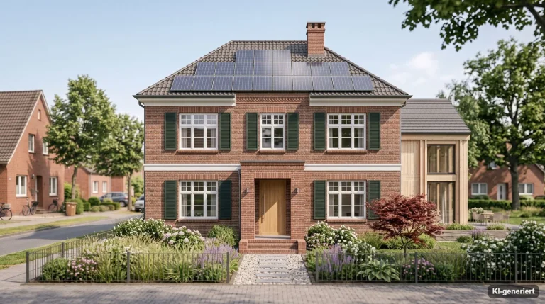 Solarmodule auf dem Dach eines Backsteinhauses unter blauem Himmel