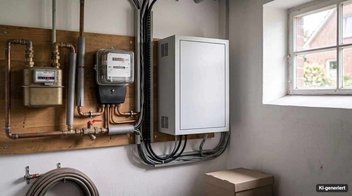 Batteriespeicher und Zähler an einer Kellerwand