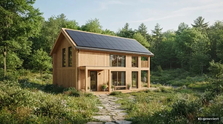 Kompaktes Holzhaus-Neubau mit Solardach, grüne Umgebung