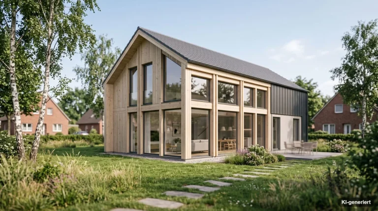 Neubau in Holzbauweise mit großen Fenstern auf einem begrünten Grundstück
