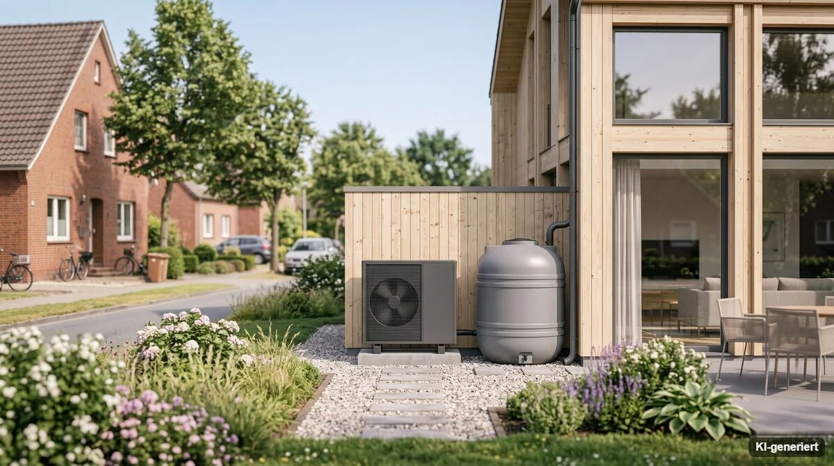 Wärmepumpe und Regenwassertank an der Seite eines Neubaus