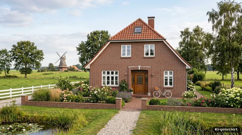 Backstein-Einfamilienhaus in Ostfriesland mit Klinker und weißen Fenstern