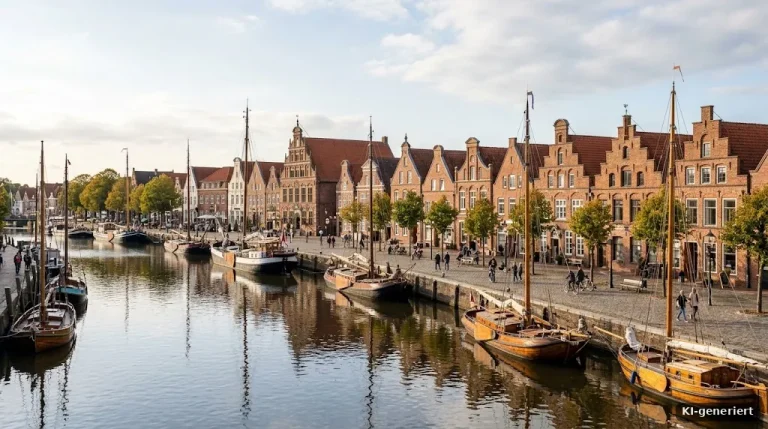 Historische Altstadt von Leer in Ostfriesland mit Giebelhäusern am Hafen