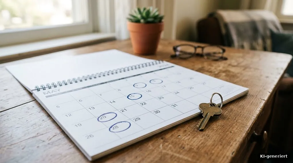 Kalender mit markierten Monaten und ein Hausschlüssel