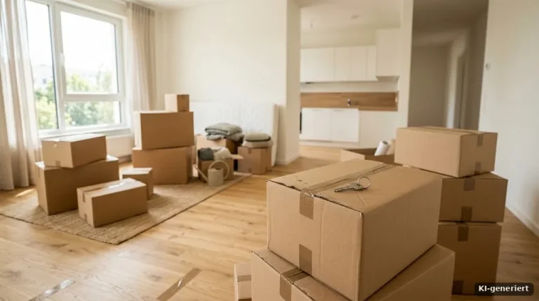Umzugskartons in einer hellen Wohnung, Schlüssel auf einem Karton
