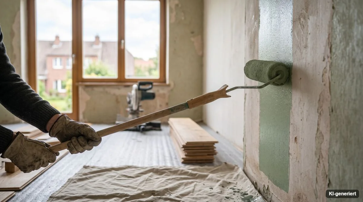 Farbrolle streicht frische Farbe an eine Wand über ausgelegter Abdeckfolie