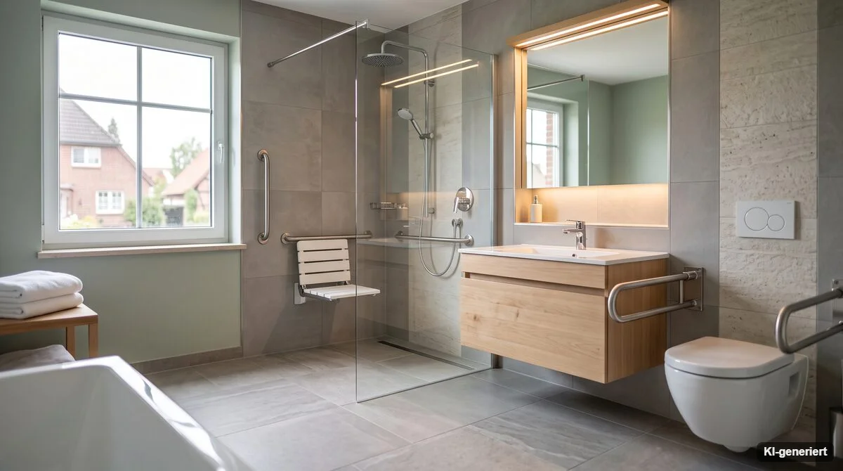 Modernisiertes Badezimmer mit bodengleicher Dusche und Waschtisch