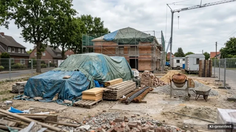 Baustelle, auf der die Arbeit ruht, Abdeckplane und Baumaterial