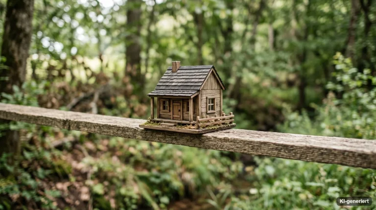 Kleines Holzhausmodell balanciert auf einem schmalen Balken im Grünen