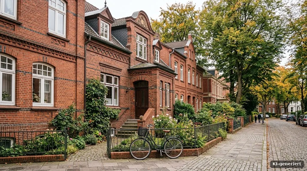 Fahrrad vor einem Oldenburger Reihenhaus mit Backsteinfassade