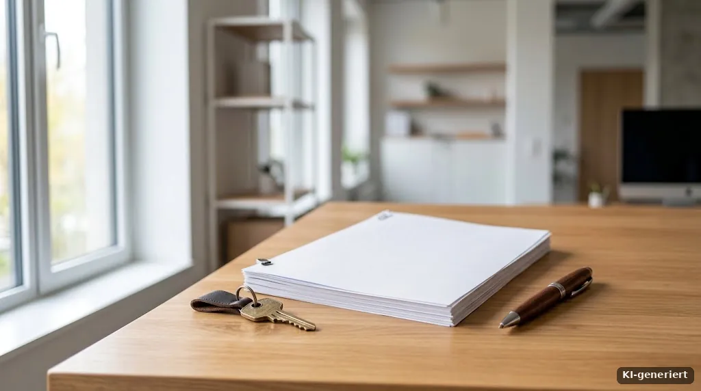 Arbeitsvertrag und Stift neben einem Hausschlüssel