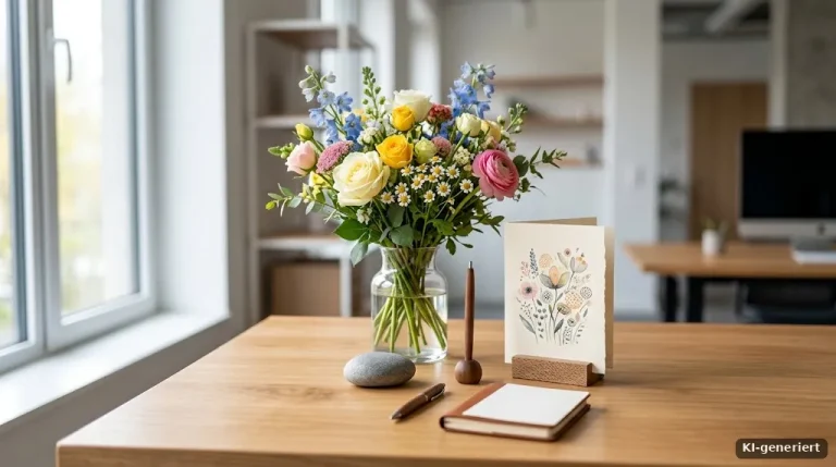 Schreibtisch mit Blumenstrauß und Willkommenskarte