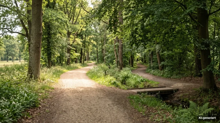 Gegabelter Waldweg, ein Weg liegt im Sonnenlicht