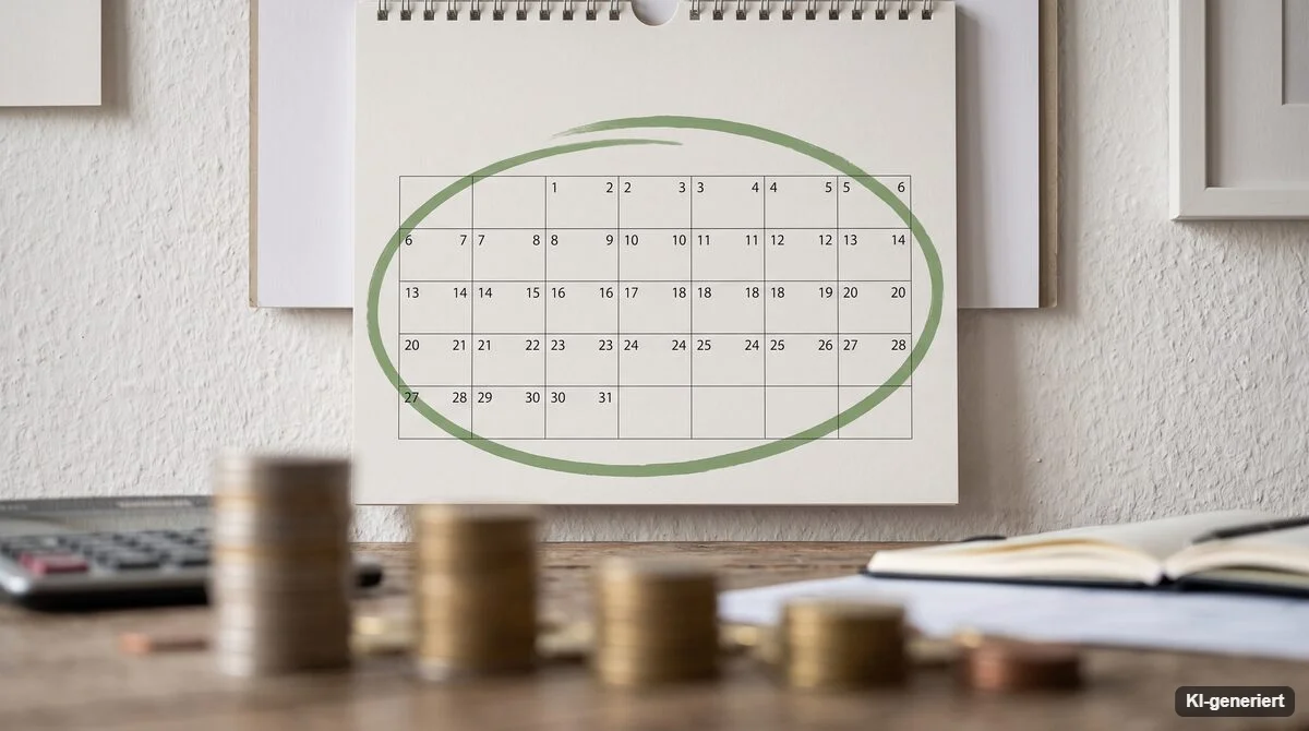 Wandkalender mit markiertem Monat über gestapelten Münzen