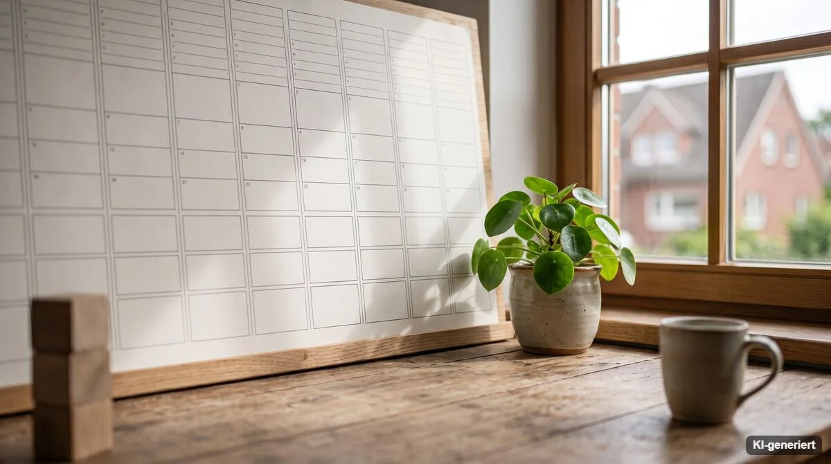 Großer leerer Wandkalender an einem Holztisch mit Pflanze und Tasse
