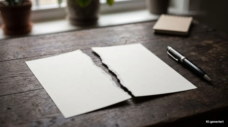 In zwei Teile gerissenes Blatt Papier neben einem Stift auf einem dunklen Schreibtisch