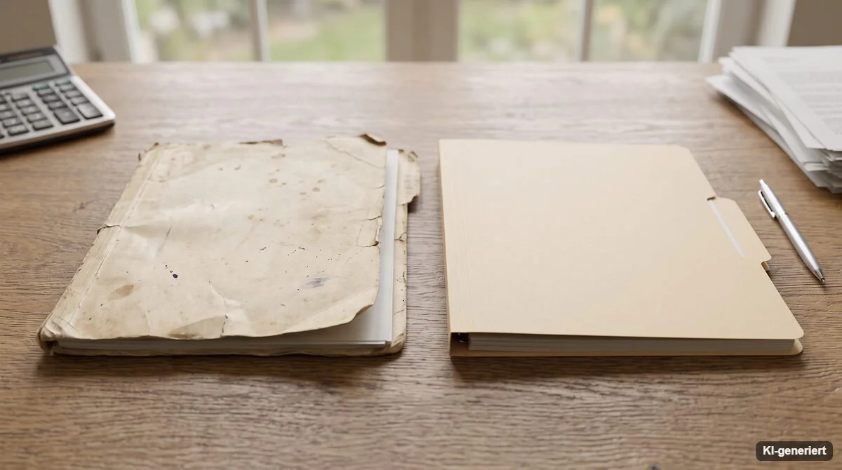 Aufgeschlagene Mappe mit leeren Seiten und Stift auf einem Schreibtisch