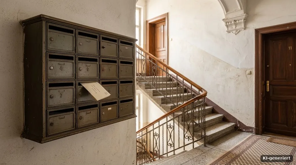 Briefkasten mit Brief, Treppenhaus eines Altbaus