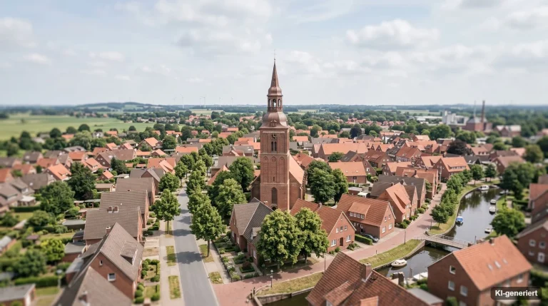 Blick über einen norddeutschen Ort mit Ziegeldächern und Kirchturm