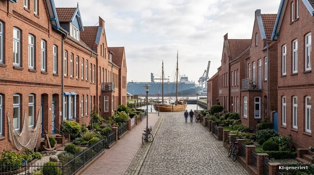 Backstein-Reihenhäuser in Wilhelmshaven, maritime Stimmung