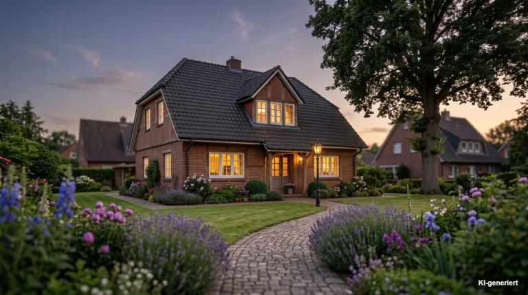 Einfamilienhaus mit beleuchteten Fenstern in der Abenddämmerung