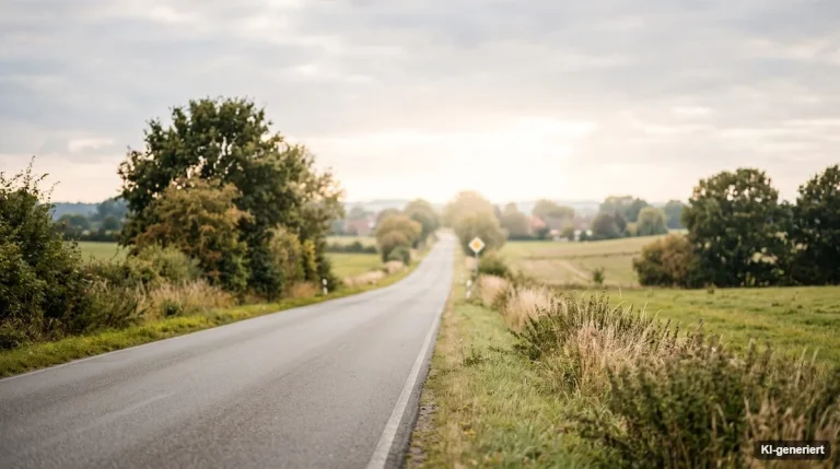 Lange gerade Landstraße, die im Morgenlicht in die Ferne führt
