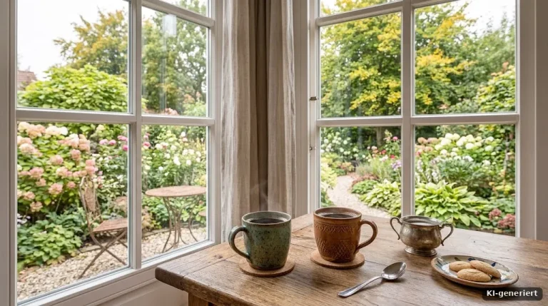 Zwei Kaffeetassen auf einem Tisch vor einem Fenster mit Blick auf einen Garten