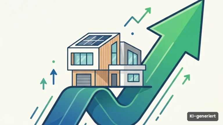 Illustration: modernes Haus auf einem nach oben zeigenden grünen Pfeil