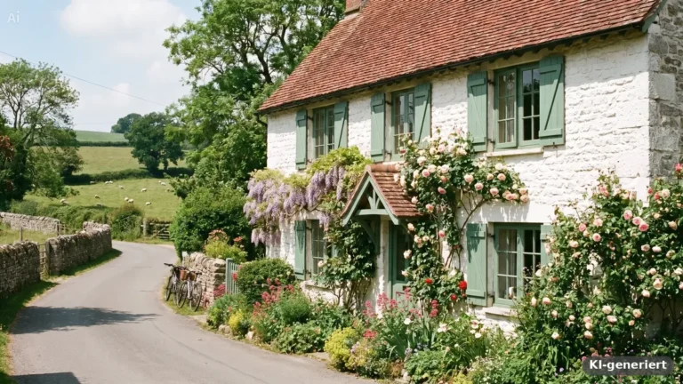 Altes, weiß verputztes Landhaus mit grünen Fensterläden, Rosen und Glyzinie an der Fassade