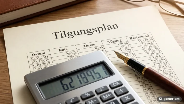 Tilgungsplan mit Spalten für Rate, Zinsen, Tilgung und Restschuld, darauf ein Taschenrechner und ein Füller