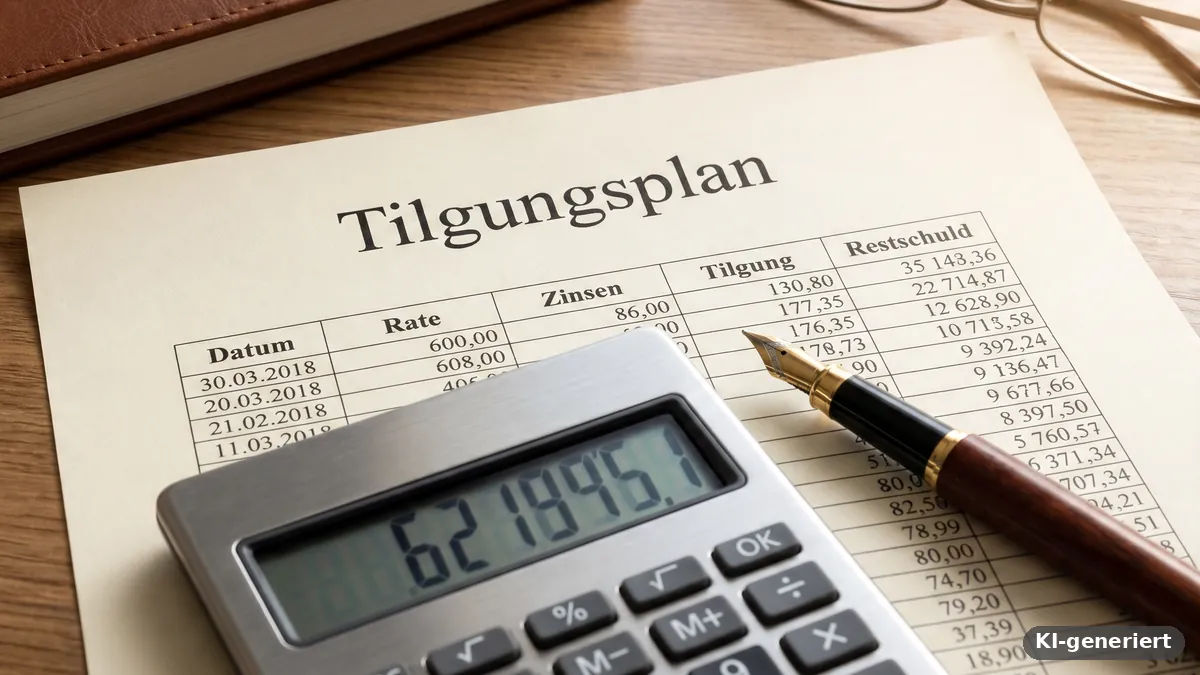 Tilgungsplan mit Spalten für Rate, Zinsen, Tilgung und Restschuld, darauf ein Taschenrechner und ein Füller