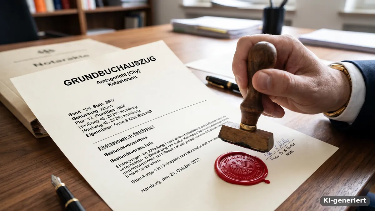 Grundbuchauszug auf einem Schreibtisch, eine Hand setzt einen Stempel neben ein rotes Siegel