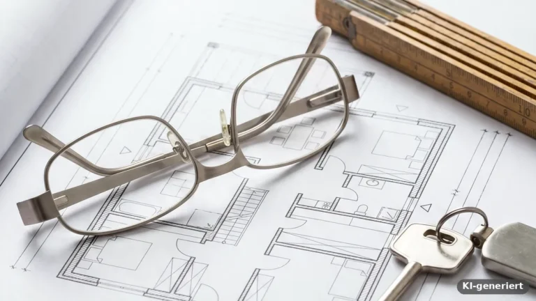 Bauplan auf einem Holztisch, darauf eine Brille, ein Zollstock und ein Schlüsselbund