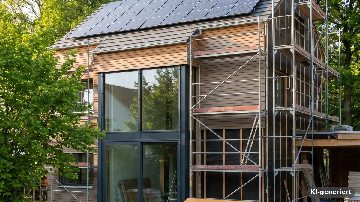 Moderner Neubau mit Holzfassade, eingerüstet, im Vordergrund grüner Garten